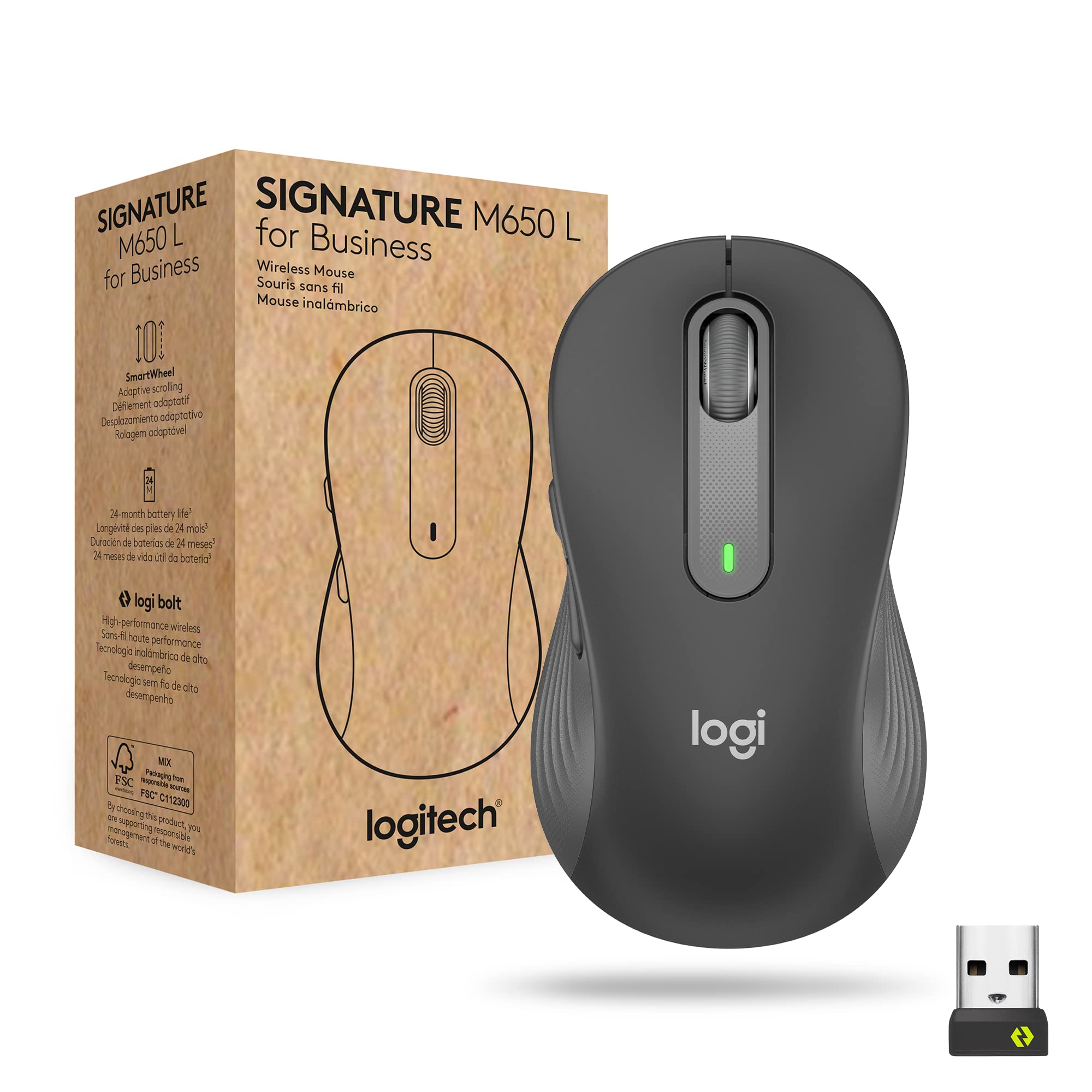 Logitech Signature M650 L Wireless Mouse in black color, with packaging and USB receiver shown.
